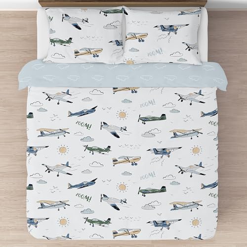 Image of Sweet Jojo Designs Vintage Airplane Boy Queen Comforter Set Full Size Bedding for Kids Teen Adult Bed Room 3pc Grey Green Blue White Yellow Airplanes Air Plane Transportation Clouds Sun Sky Aviator