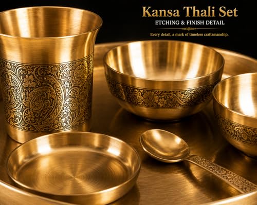 Image of Kansa Bronze Thali Set Matte Etching Design Dinner Set with Plate Glass 2 Bowls Dessert Bowl Spoon Ayurvedic Traditional Indian Serveware Handmade Gift Set for Home Dining Festival Use