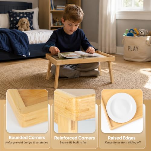 Image of Bamboo Bed Table Tray with Support Bar and Foldable Legs, Breakfast Food Trays Table for Bed Sofa Eating and Laptops, TV Lap Tray Table on Couch (Applied for Invention Patent)