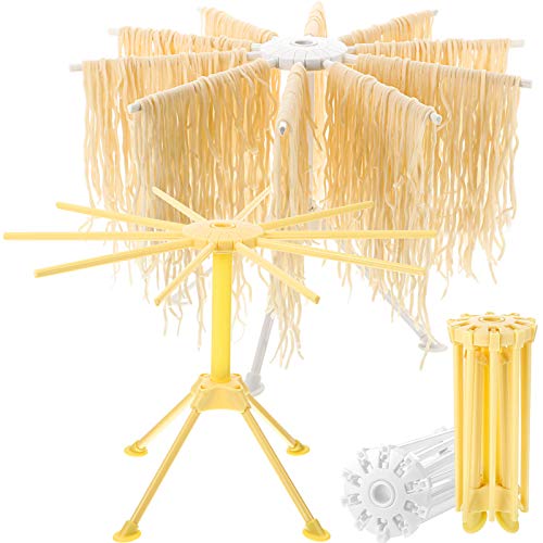 2 Pieces Handmade Pasta Drying Rack Collapsible Noodle Maker Hanging Stand Spaghetti Dryer Holder Rack with 10 Bar Handles for Kitchen Noodles Making White and Yellow