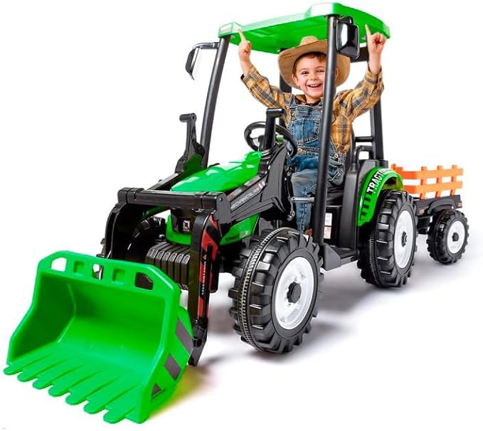 Tractor eléctrico infantil ATAA Farmer 24V verde con excavadora, remolque y mando parental