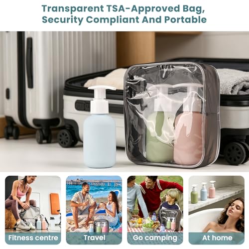Image of MAYCREATE 3Pcs Pump Travel Bottles for Toiletries 100ml Travel Shampoo Bottle Set with Safety Lock, Refillable Handwash Dispenser Bottle Leakproof Containers with Clear Toiletry Bag (TSA Approved)