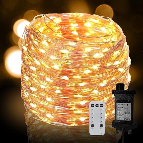 Neonawall Plug in Fairy String Lights 20M 200 LED Copper Wire Lights Mains Powered 8 Mode Micro Firefly Lights for Bedroom Garden Wedding Party Christmas Decoration (Warm White)