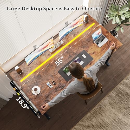 Image of DurayLoly 55 inch Office Desks with LED Lights,Gaming Writing Work from Home Study Desk with Storage Bag,Home Office Desk with Headphone Hook Sturdy Metal Frame, Rustic Brown