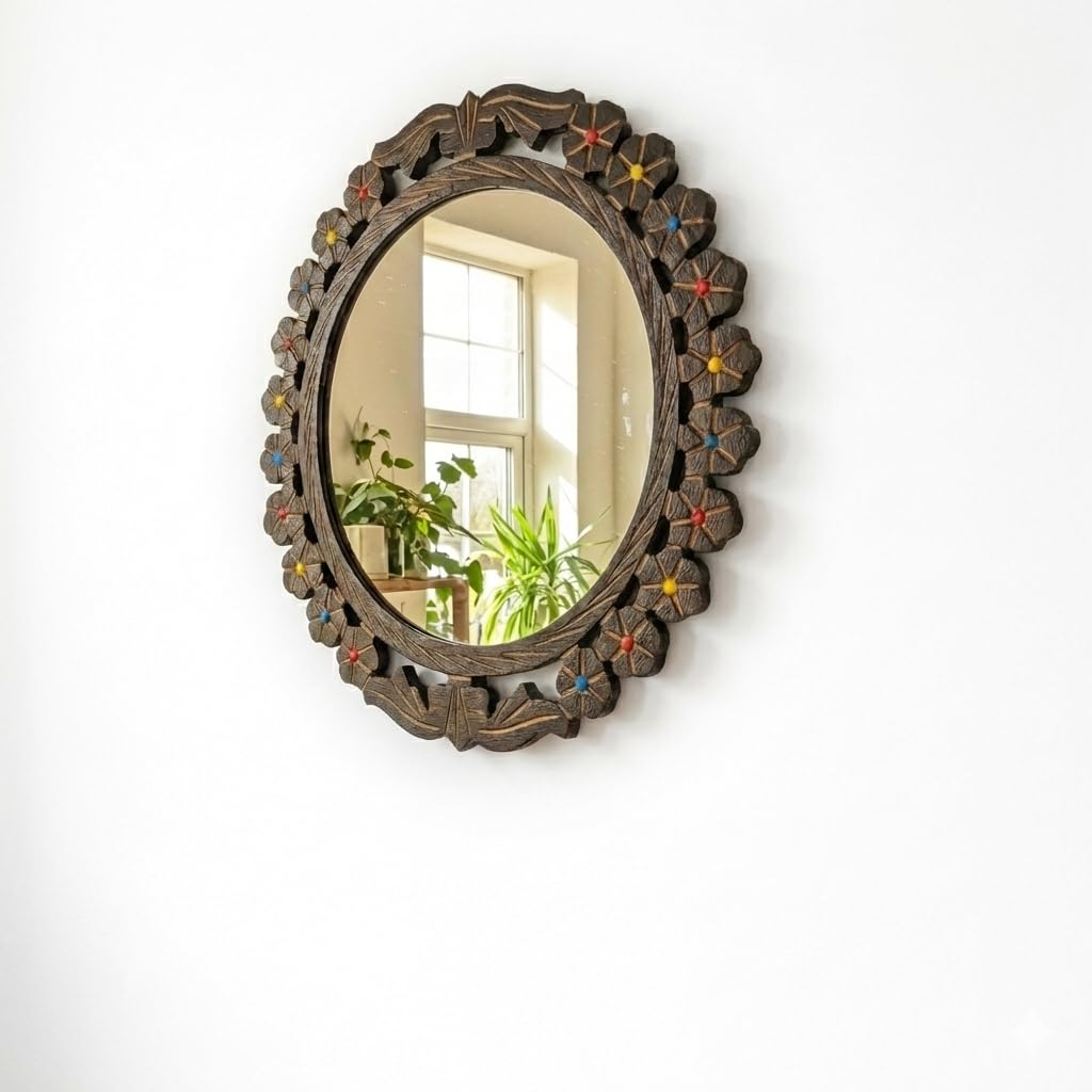 Decorative Wall Mirror, Oval Shape, Floral Frame with Colorful Accents, Rustic Brown Wood Finish-image-40