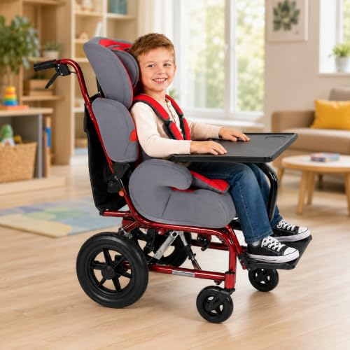 Image of Reclining Pediatric Wheelchair for Kids with Special Needs,Pediatric Mobility Wheelchair with Adjustable Reclining Backrest, 5-Point Safety Harness, Removable Tray, Padded Side Support, Red