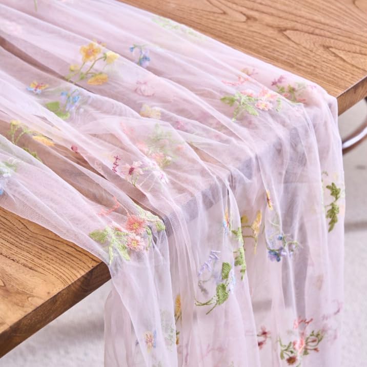 Table Runner, Floral Embroidery Tulle Table Runner, 70x300 cm Wild Flowers Lace Gauze Spring Table Runners, Table Decor for Bridal Shower Birthday Wedding Party Holiday Dining (Pink)