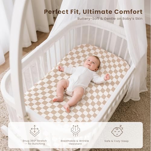Image of Konssy 3 Pack Stretchy Bassinet Sheets for Baby Girl Boy, Soft Breathable Baby Bassinet Mattress Sheets Fit for Hourglass Oval Cradle, Moses Basket Rectangle Mattress (Coffee Check)