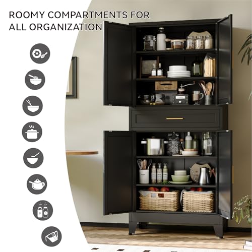 Image of COFaR 71 inch Metal Pantry Cabinet with Drawer, Black Storage Cabinet with Adjustable Shelves, 3-Section Industrial Cupboard for Kitchen & Office