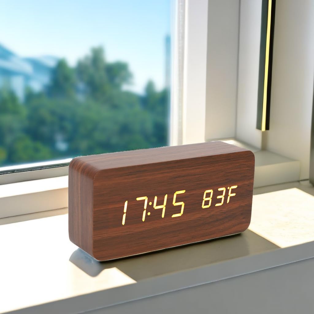 Reloj Despertador Digital LED de Madera con 3 Niveles de Brillo, indicador de Temperatura y Humedad para Oficina, Reloj electrónico Decorativo para Dormitorio.