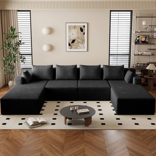 Image of 142 inch Cloud Sectional Boneless Couches for Living Room, Modular U Shaped Couch with 2 Chaise, Modern Comfy Deep Seat Corduroy Memory Foam Compressed Sofa for Apartment, Black