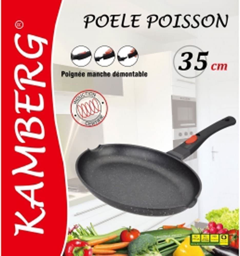 Kamberg - Poêle Poisson 35 cm - Manche Amovible - Fonte d'Aluminium - Revêtement type pierre - Tous feux dont induction - Sans PFOA - 0008009, Noir