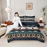 Picture of Castle Fairy Western Cowboy Horseshoe Twin Size Comforter Set,Rustic Farmhouse Quilt Set Soft Bed Collection,Bohemian Exotic Dark Blue Bedding Comforter for Boys Girls Room Decor,2 Pcs