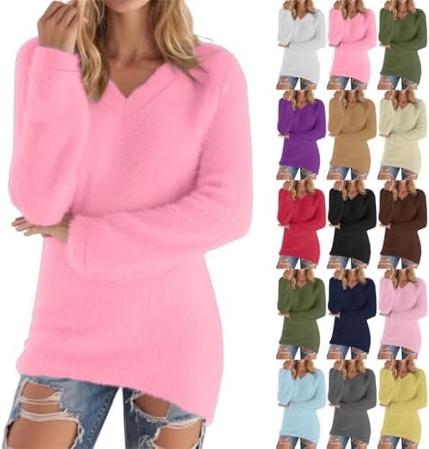 Womens Fleece Tops 2025 Casual V-Neck Long Sleeve Thermal Pullover Shirts Fashion Soft Fuzzy Sweater Winter Clothes