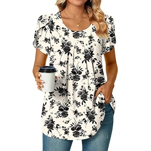 Bestbee Womens Dressy Chiffon Blouses Plus Size Crew Neck Petal Short Sleeve Shirts 2024 Summer Tops Pleated Casual T-Shirts, 2XL, Black Fl Beige Cover
