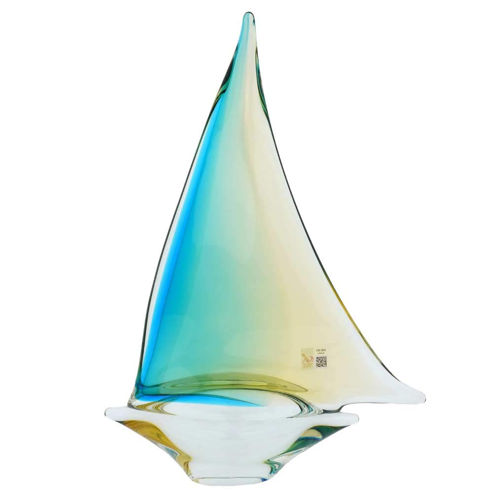 Glass Of Venice Murano Glass Large Sailboat - Amber Aqua