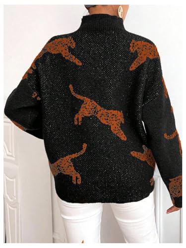 Image of WDIRARA Women's Leopard Tiger Print Sweater High Neck Long Sleeve Fuzzy Knitted Pullover Top