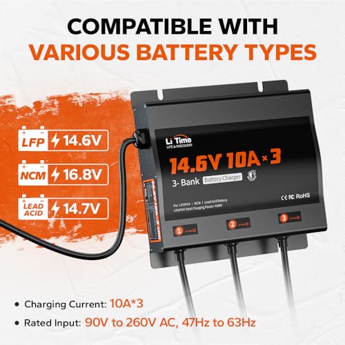 Image of LiTime 3 Bank 12V 10A LiFePO4 Battery Charger, Waterproof, 14.6V Output