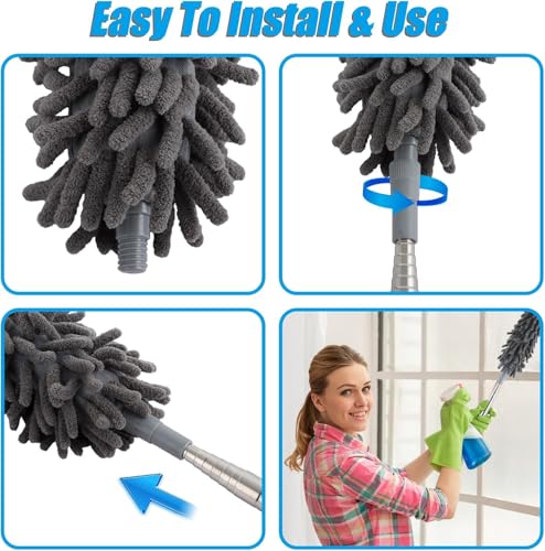 Image of Microfiber Feather Chenille Duster for Dust Cleaning with extendable Pole 100 Inch with Anti Scratch Bendable Washable Duster with High Cobweb Stick for High Ceiling Fans, Furniture - Grey