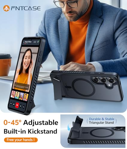 Image of FNTCASE for Samsung Galaxy S25-Plus Case: [Magnetic Stand] [Compatible with Magsafe] Translucent Matte Military Grade Shockproof Drop Rugged Protective Phone Cover, Black