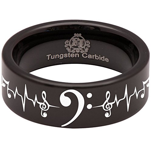 Friends of Irony Black Tungsten Carbide Bass Clef Ring Music Inspired Wedding Band Anniversary Ring for Men and Women 8mm Size 9