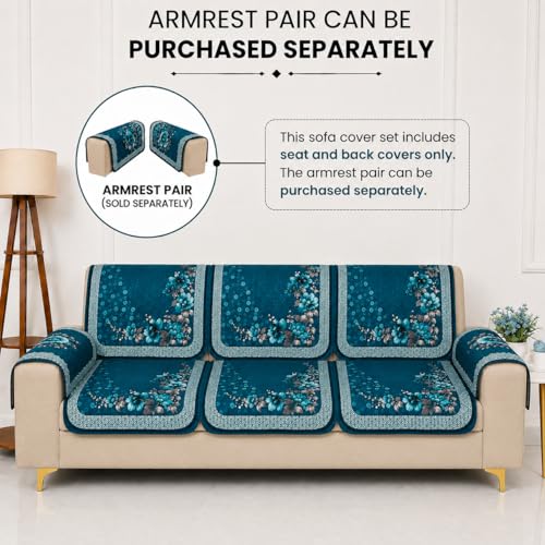 Image of Homerz 'Brooklyn Series' Premium Sofa Cover | Quilted Floral Design | Non-Slip Washable Sofa Protector | Soft Anti Slip Fabric (Teal, 5 (3+1+1) Seater, Seat Cover with Backrest)