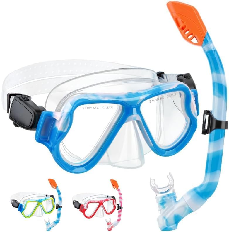 Juego de esnórquel para niños de 6 a 14 años, equipo de esnórquel para niños con parte superior seca, antifugas, antivaho, vista panorámica, máscara