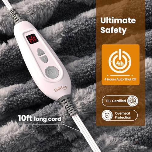 Image of Bearhug Heated Blanket Throw 50 inch x 60 inch Electric Blanket, Reversible Brown Plaid Sherpa Heating Blanket, 6-Heat Levels & 4H Auto Off, ETL, Machine Washable
