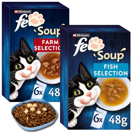 Cat Soup Variety Pack with Feeding Bowl 12 x 48g Fish Selection & Farm Selection Complementary Wet Cat Food in Savoury Broth for Adult Cats