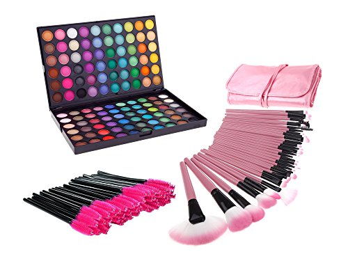 Youngman Pro Eyeshadow Palette and Brushes 32 Pc Makeup Brushes + 120 Colors Eyeshadow Palette + 50 Pc Eyelash Brushes Disposable Mascara Wands