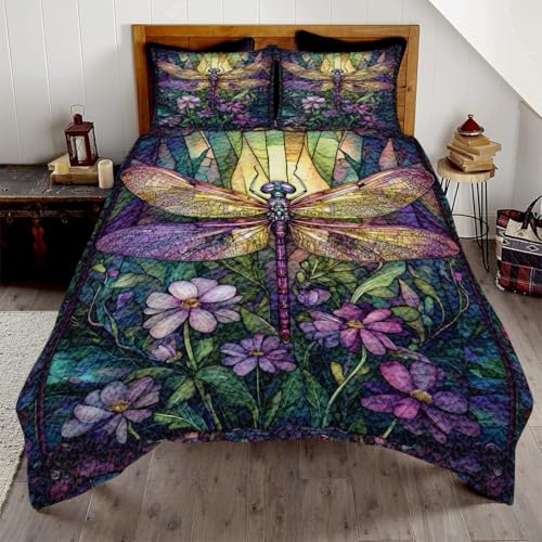 Custom Dragonfly Quilt Bedding Set, Dragonfly Throw Queen Twin Full Sizes, Patchwork Quilt for Girl Bedroom Decor, Soft Lightweight Comforter, Dragonfly Decor Gift (Purple Patchwork Dragonfly)