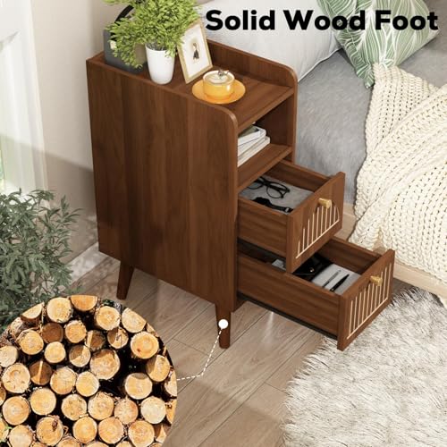 Image of Wnutrees 9.3 inch Narrow Nightstand with 2 Drawer, Fluted Wood End Table, Brown