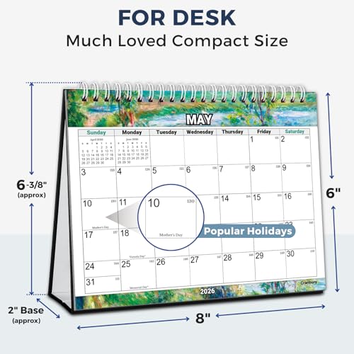 Image of CRANBURY Small Standing Desk Calendar 2026, 8x6 inch Flip Stand Up Calendar Planner, Artwork Designs, Perfect Size for Desktop, Use January to December 2026, Includes Planning Stickers (Pack of 2)