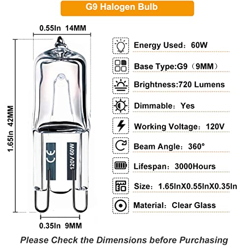 Vinaco G9 Bulb, 10 Pack G9 Halogen Bulb 60 Watt, High Output 720LM JD G9 120V 60W G9 Light Bulb Dimmable Long Lasting Lifespan, CRI100 & 2800K Warm White, G9/bi-pin Light Bulbs for Chandelier Lights