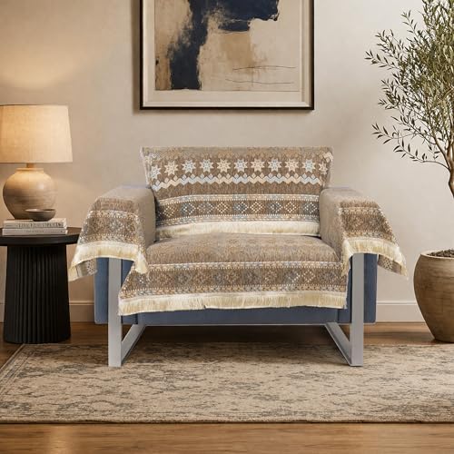 Image of Elegant Woven Brown Sofa Cover Soft Chenille Traditional Pattern with Lace Style | L-Shape Sectional Seat Protector for Living Room | Durable & Stylish Slipcover 1 Seater with Arms