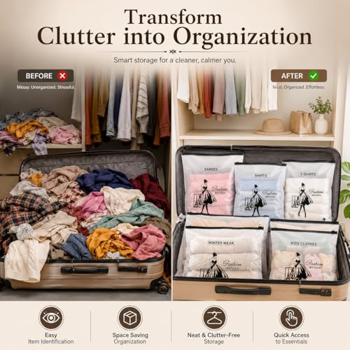 Image of PulGos Pack of 5 Multipurpose Storage Bags - Frosted Semi-Transparent Travel Pouches with Print | Reusable Zip Bags for Toiletries, Makeup, Shoes & Gifting | Travel Packing Cubes