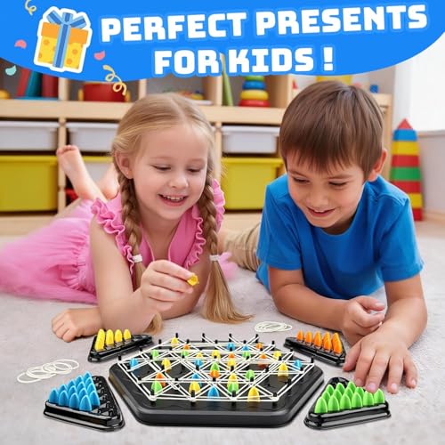 Image of LUXART Chain Triangle Chess Game | Rubber Band Geometry Strategy Board Game for Kids & Adults | 25 x 25 cm Educational Puzzle Toy for 2-4 Players | Includes 84 Pieces & Storage Bag