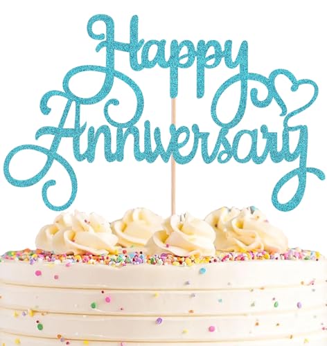AHAORAY Happy Anniversary Cake Topper - Sky Blue Glitter Cake Decorations Supplies - Birthday Cake Bunting Decor, for Photo Booth Props