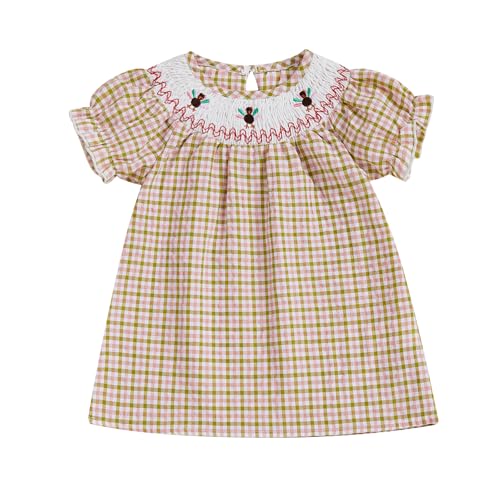 Toddler Baby Girl Thanksgiving Outfits Short Sleeve Turkey Embroidery Striped Smocked Dress Fall Photoshoot Clothes