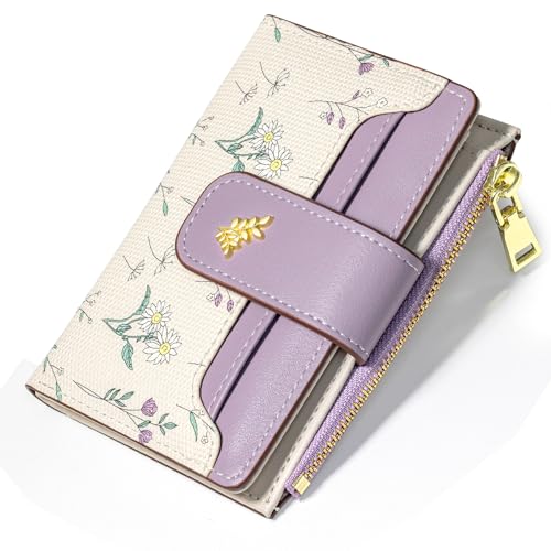 Image of YINHEXI Women's Wallet, Compact and Small Bifold PU Leather Card Holder, Mini Purse with Coin Pocket for Ladies, Girls (Floral Lavender)