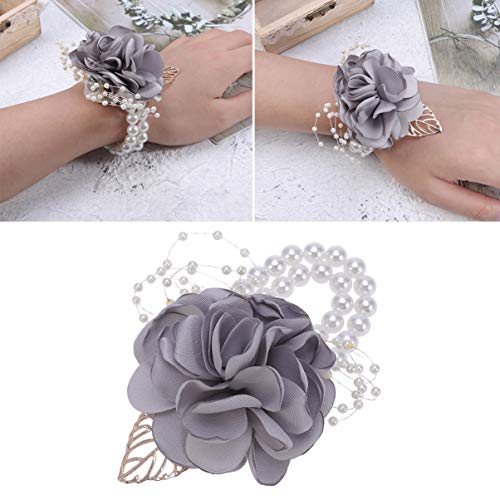 SUPVOX Light Grey Artificial Flower Wrist Corsage Pearl Bracelet for Bridesmaid Bride Wedding Prom Party Formal Events 2.75X2.75X4.72 Inch Elegant Bridal Wrist Flowers - Image 4