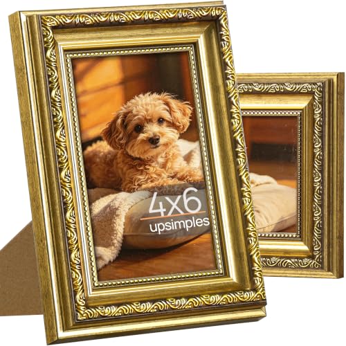 Image of upsimples Vintage 4x6 Picture Frame, Antique Gold Frames, 2 Pack | Gold Picture Frames, Fits 4 x 6 Photos, Elegant Vintage Design, Wall or Tabletop Decor, for Wedding or Family Memorie