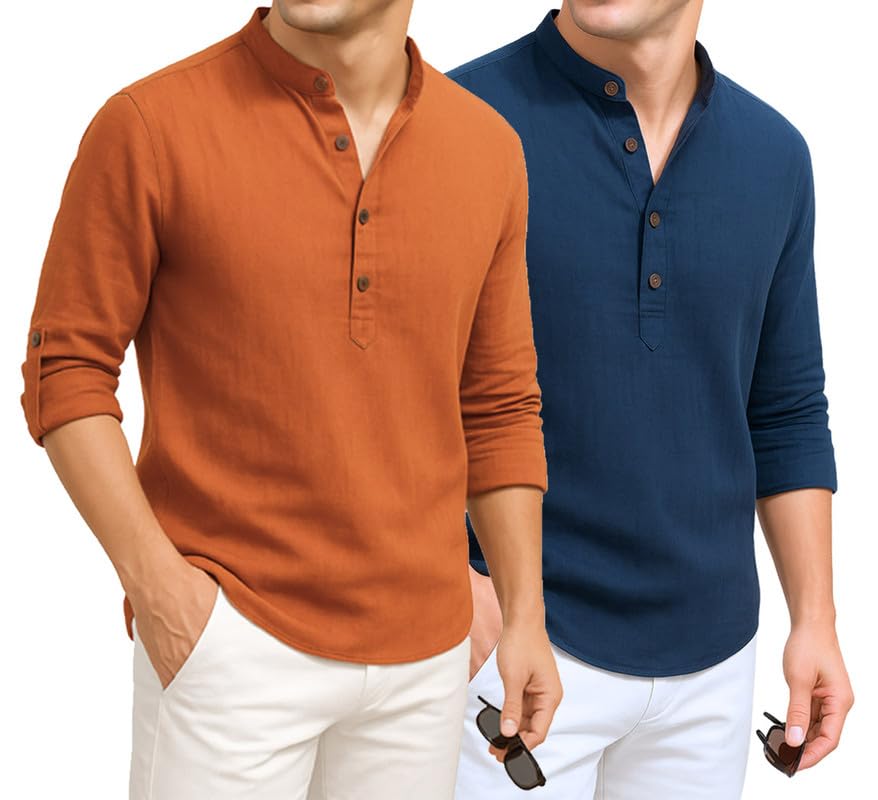 Image of DEELMO Combo of Men's Cotton Blend Solid Regular Fit Full Sleeve Short Kurta | Men's Trendy Short Kurta Pack of 2
