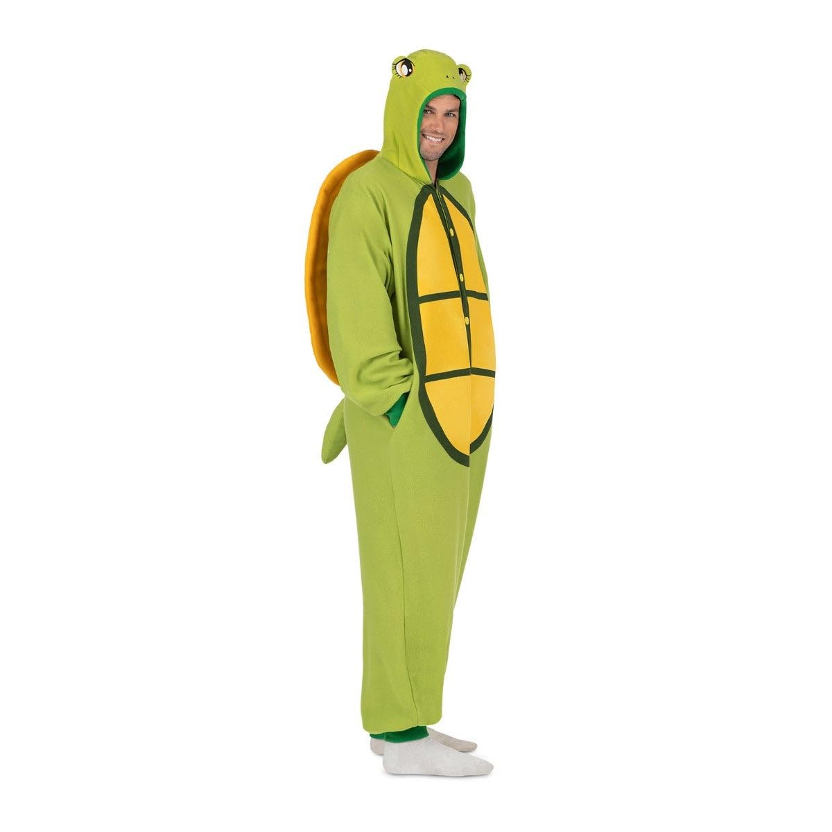 My Other Me - Disfraz Pijama Tortuga Adulto unisex. Incluye kigurumi verde y amarillo con cierre de botones frontales, capucha, bolsillos, caparazón acolchado y cola.
