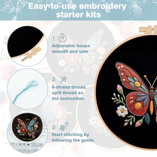 Image of RidaaFri Embroidery Kit for Beginners, 3 Pk Stamped Butterfly DIY Craft Supplies with Hoop, Needles, Floss, Video, Complete Starter Kit for Learning Embroidery, Hobby Gift