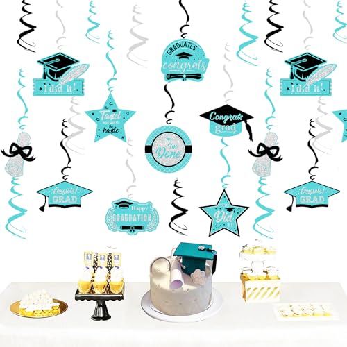 Teal Turquoise Graduation Party Decorations 2025/Turquoise Teal Black Graduation Decorations 2025 Teal Silver Black Hanging Swirls 15pcs Class of 2025
