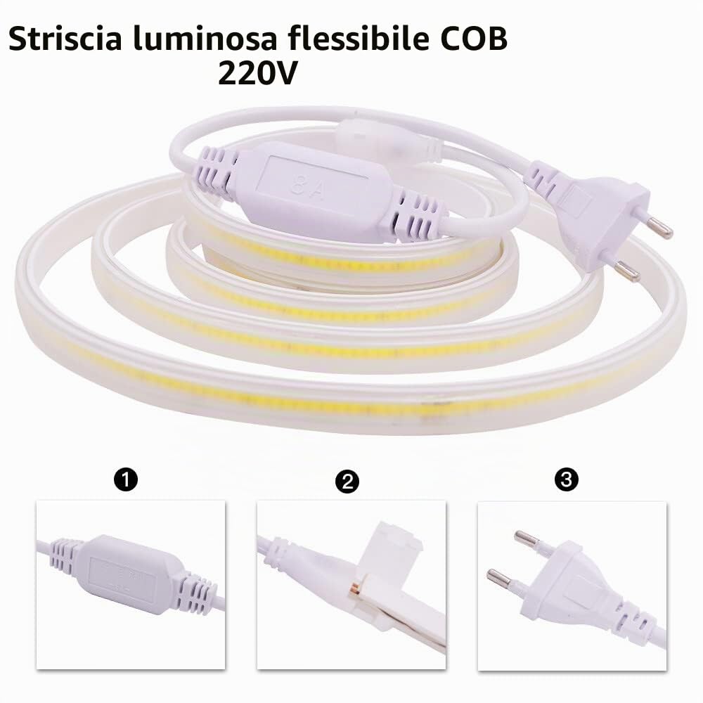 XUNATA Striscia LED COB Flessibile 220V, (Bianco Naturale, 15m), IP65 Impermeabile, Nastri LED ad Alta Luminosità da 288 LED/m con Cavo di Alimentazione