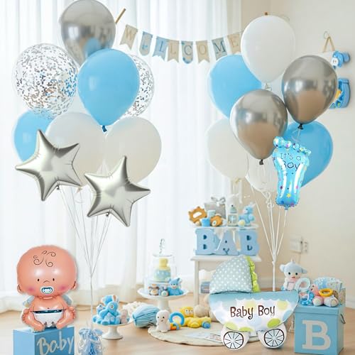 Image of 57 Pcs Welcome Baby Boy Decoration Kit | Balloons, Banner, Curtains, Foils, Stars, Hearts, Ribbon & Confetti for Baby Shower & Newborn Celebration Set 18