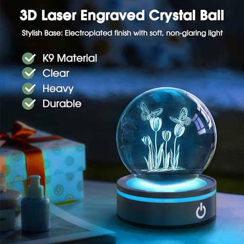Image of L LOHAS LED 3D Crystal Ball Night Light-Laser Engraved Floral, Silver Base