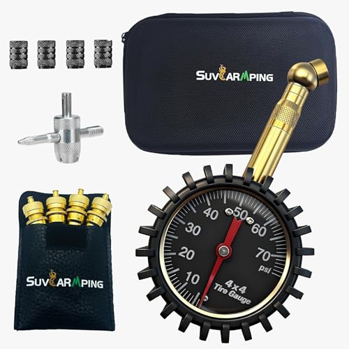 Image of SUVCARMPING 4x4 Tire Deflator Kit with 70 PSI Pressure Gauge, 4-Pcs Automatic Tire Air Down Tool, Valve Repair Set & Storage Case - Rapid Brass Deflators for Offroad Jeep, Truck, SUV, ATV